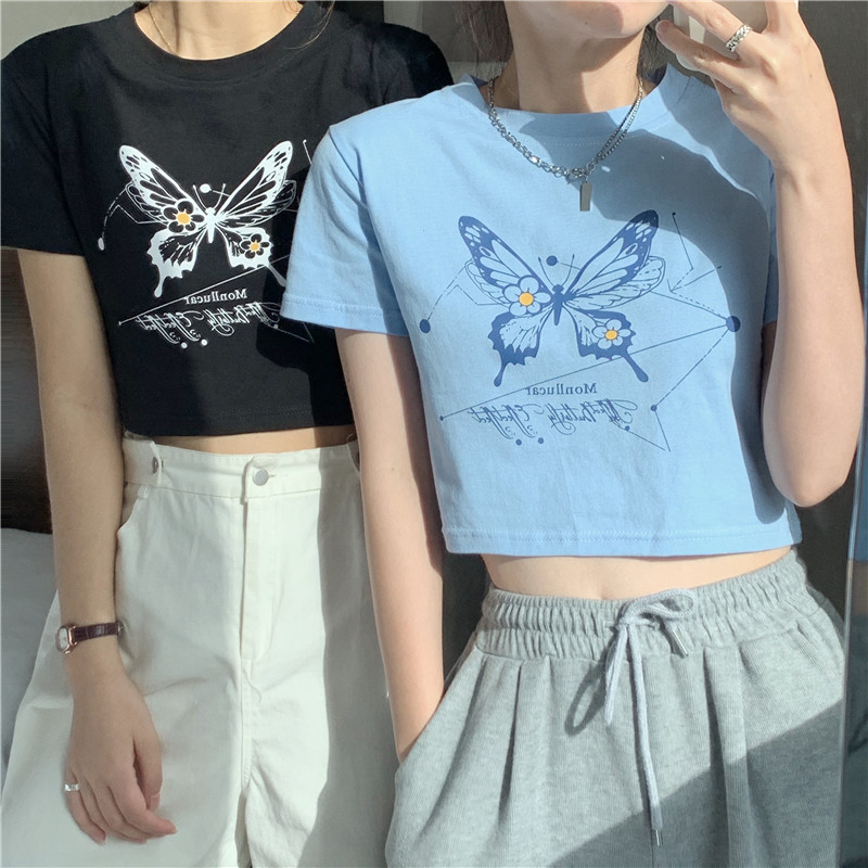 實拍蝴蝶露臍短袖t恤女韓版閨蜜裝短款上衣
