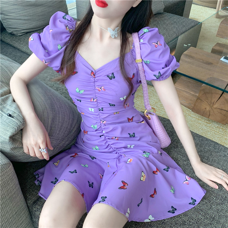 Retro butterfly print purple dress women's 2021 summer new gathered waist pleated open clavicle bubble sleeve skirt