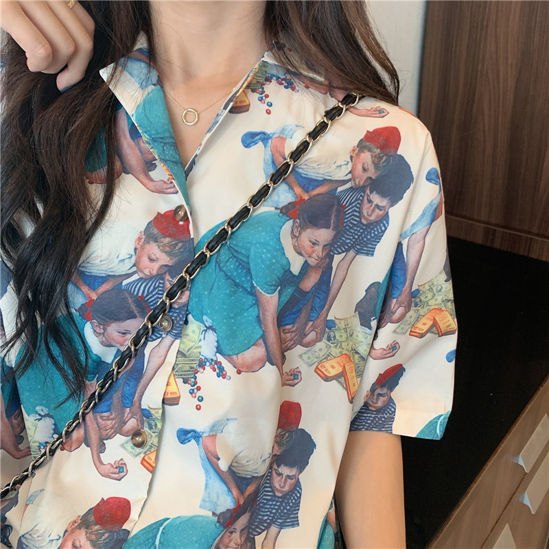 Real video Hong Kong Style printed short sleeve top elegant summer Retro Design Hong Kong Style Floral Shirt