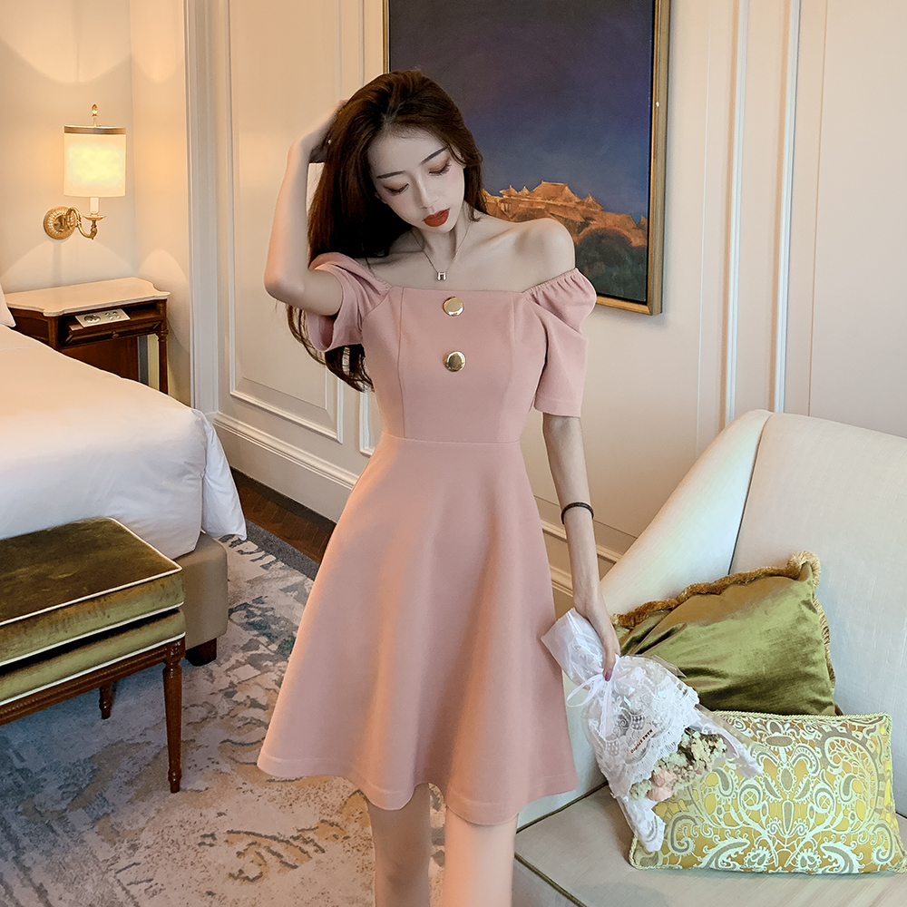 Summer new French simple one line collar button waist slim short sleeve Leather Pink Dress