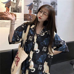 Real photo 2021 spring dress Korean women's cat Print Shirt loose and versatile top