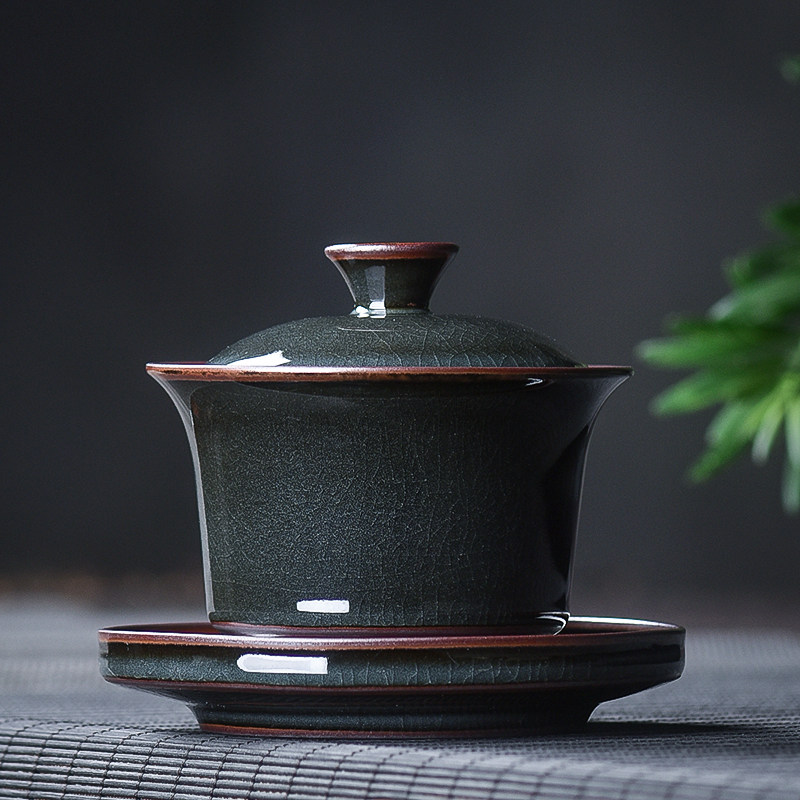 青瓷哥窑马蹄三才盖碗龙泉铁胎冰裂纹茶具泡茶碗手工陶瓷大号家用
