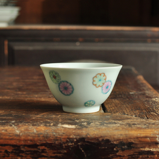 顽古景德镇青花斗彩古彩皮球花若深杯撇口主人杯小压手杯80ml90ml