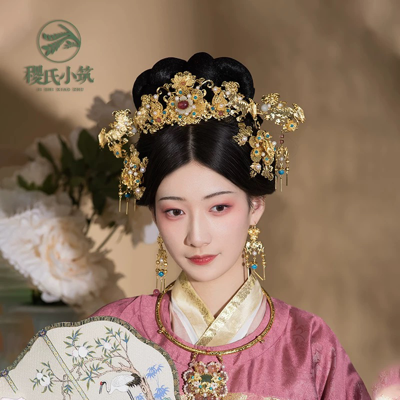 出租稷氏小筑小狮子汉服配饰铜镀古风发饰套装女 新娘发冠头饰