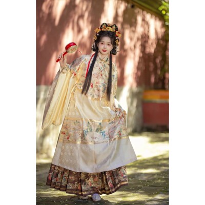 出租古画花神图大明贵女明制马面裙长袄套装云河千色汉服婚礼晨袍