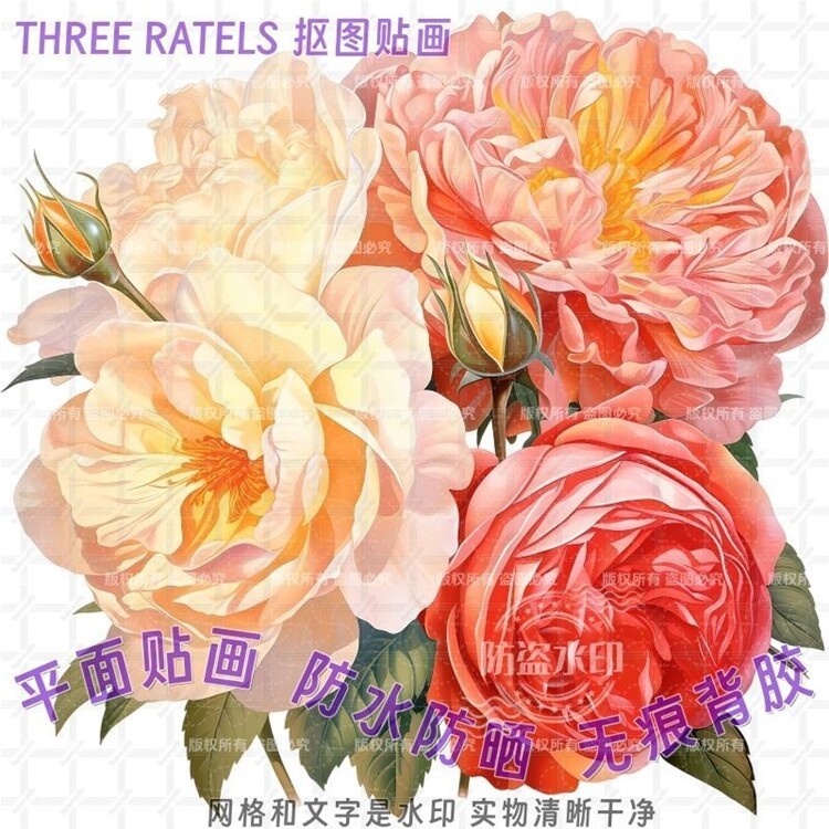 玫瑰牡丹花束图案富贵贴画抠图自贴纸家用贴花门贴装饰墙上马桶贴