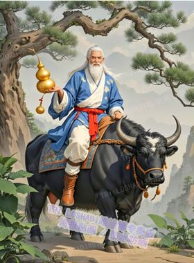 中国风南极仙翁骑牛福寿贴画家用