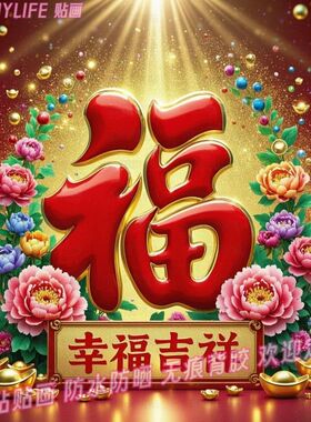 幸福吉祥创意福字贴纸富贵牡丹喜庆年画墙贴自粘装饰画过年贴墙画