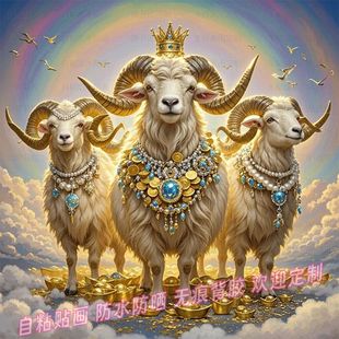 三羊开泰增财转运贴画贴墙面装饰画壁画家用遮丑可擦写贴图自贴纸