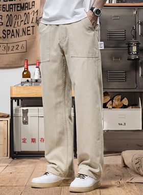 夏季薄款直筒休闲裤男士宽松阔腿百搭潮流青年纯棉军绿色工装裤子