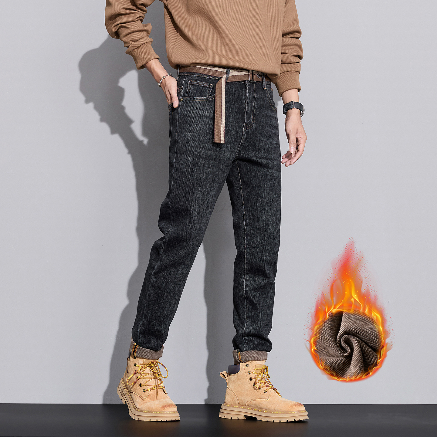 冬季底抓绒微锥小直筒牛仔裤男士黑色修身弹力保暖长裤