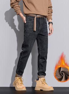 冬季底抓绒微锥小直筒牛仔裤男士黑色修身弹力保暖长裤