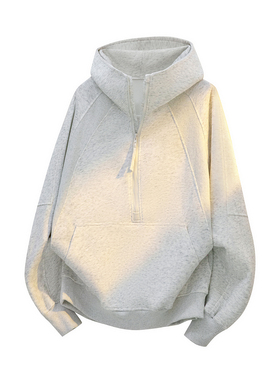 2025新款美式重磅灰色帽衫男春秋新款半拉链连帽卫衣宽松百搭