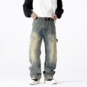 秋季 牛仔裤 新款 高街潮牌拼接百搭宽松直筒阔腿男款