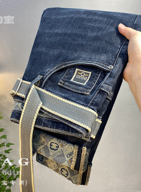 蓝色牛仔裤男士2023年秋季新款潮流刺绣微跨修身弹力印花休闲长裤