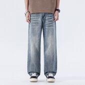 2026美式 百搭水洗做旧无弹复古蓝宽松直筒简约牛仔裤 男士 高街时尚