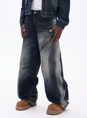秋季新款潮牌宽松直筒水洗蓝色牛仔裤男士弯刀长裤