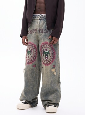 秋季新款潮牌宽松直筒蓝色水洗假破洞牛仔裤男士