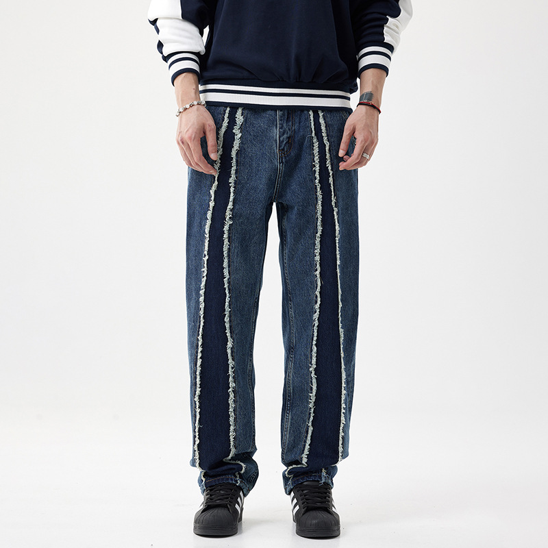 水洗做旧毛边拼接撞色牛仔裤男宽松直筒长裤美式街头设计感裤子潮