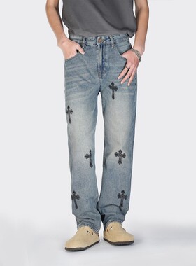 夏季美式潮牌浅蓝色个性印花牛仔裤男窄版直筒长裤vibe高街宽松裤