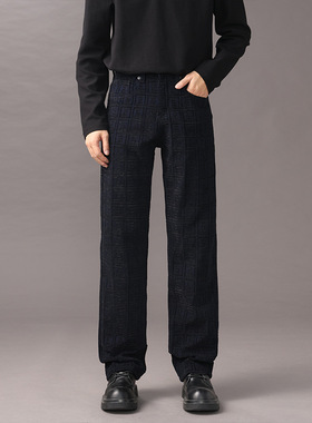 2025秋冬新款宽松休闲直筒男士蓝色雪尼尔面料长裤男