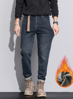 高端蓝色抓绒牛仔裤男秋冬款2025新款潮牌裤修身保暖长裤
