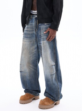 2025新款潮牌宽松直筒长裤水洗蓝色牛仔裤男士弯刀裤