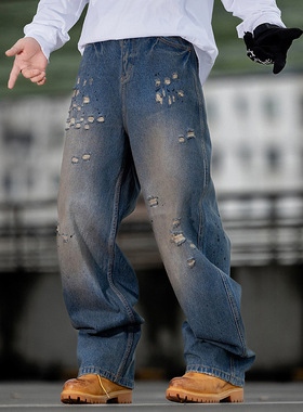 美式泼墨涂鸦弯刀牛仔裤男街头oversize阔腿裤宽松水洗长裤子