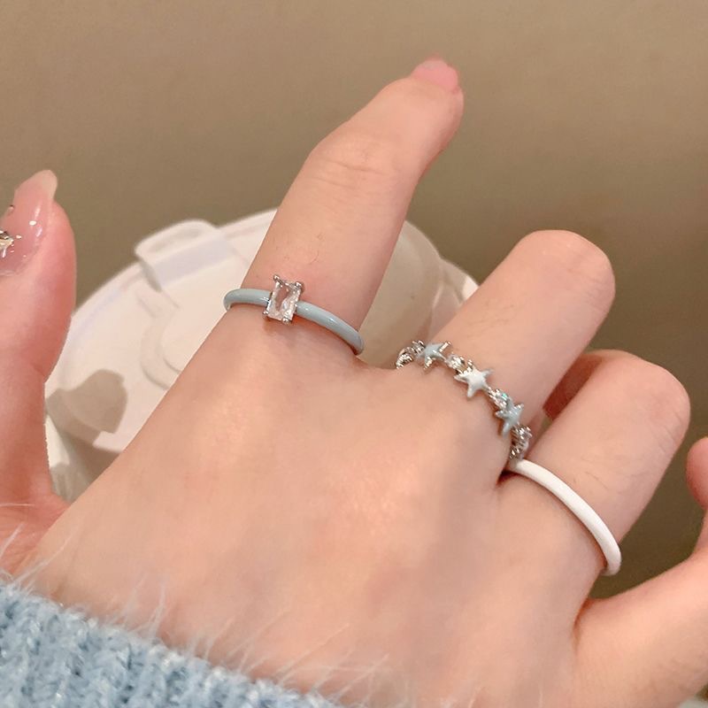 日式蓝色滴釉锆石星星戒指女小众设计开口食指戒网红时尚个性套装