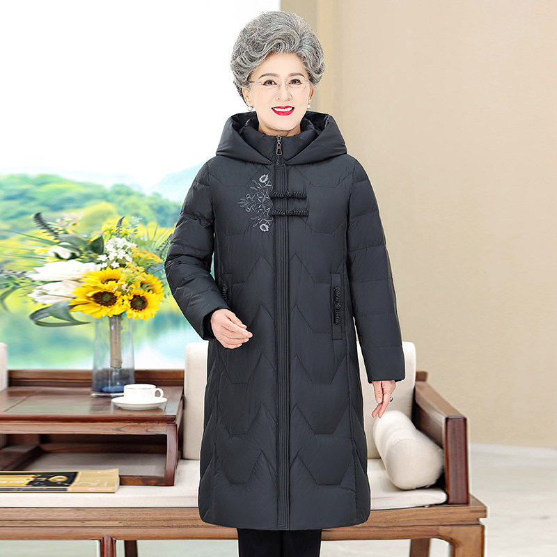 中老年妈妈装羽绒服女大码中长款加厚保暖奶奶款国风中式连帽外套