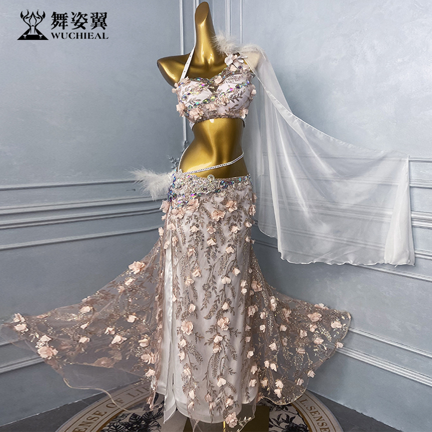 橘粉烫银立体花朵肚皮舞演出服新款东方舞表演服文胸长裙套装舞台