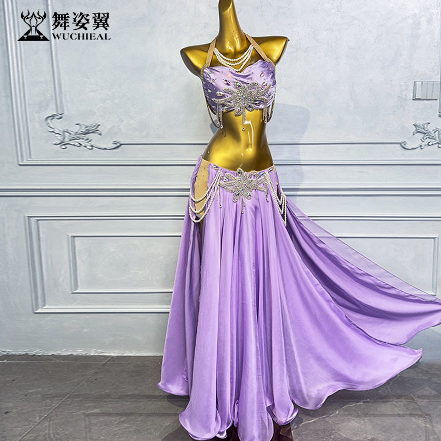 舞姿翼紫色重工真丝缎肚皮舞演出服文胸长裙套装女东方舞台演出服
