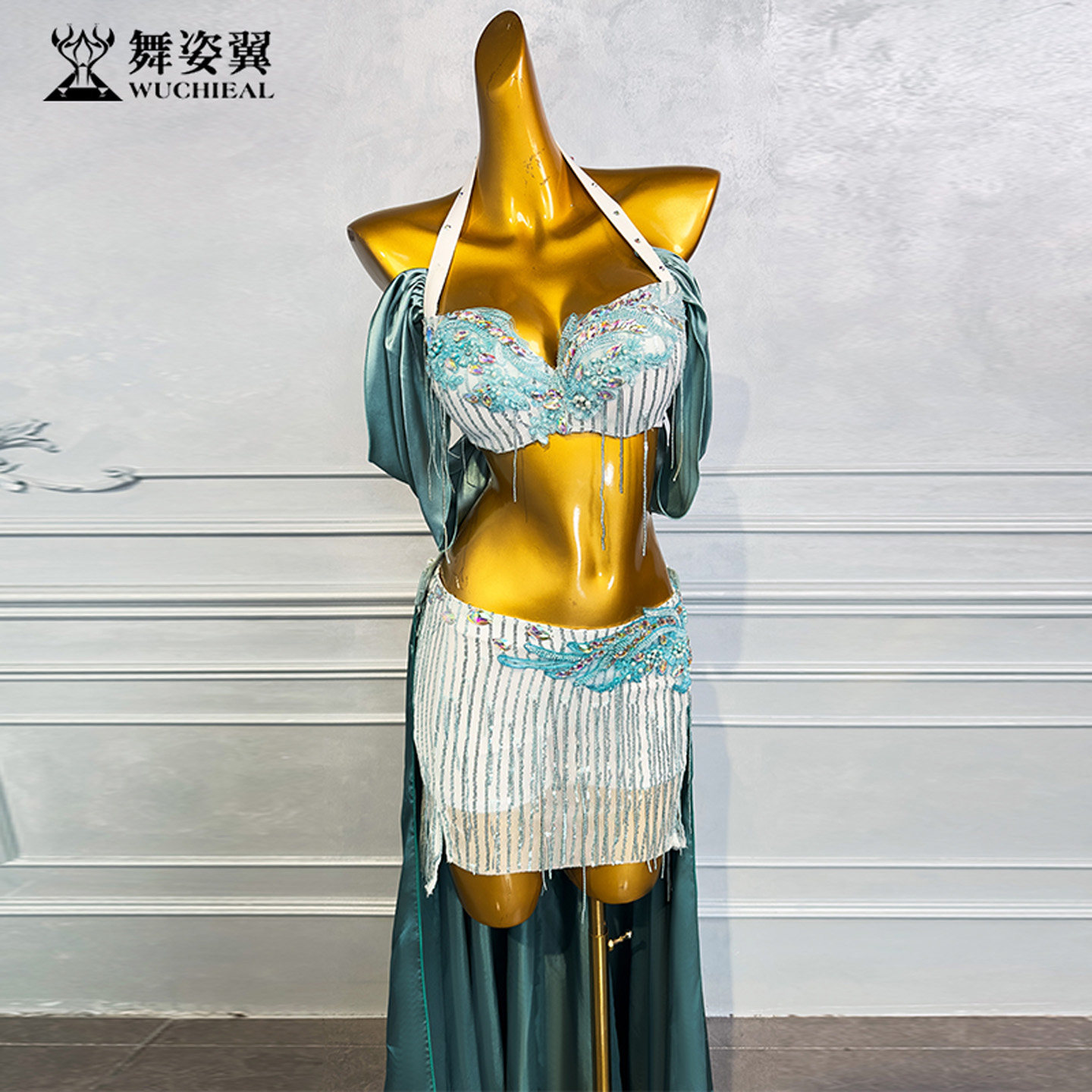 墨绿亮片流苏真丝缎烫钻肚皮舞表演出服文胸长裙性感套装东方舞台