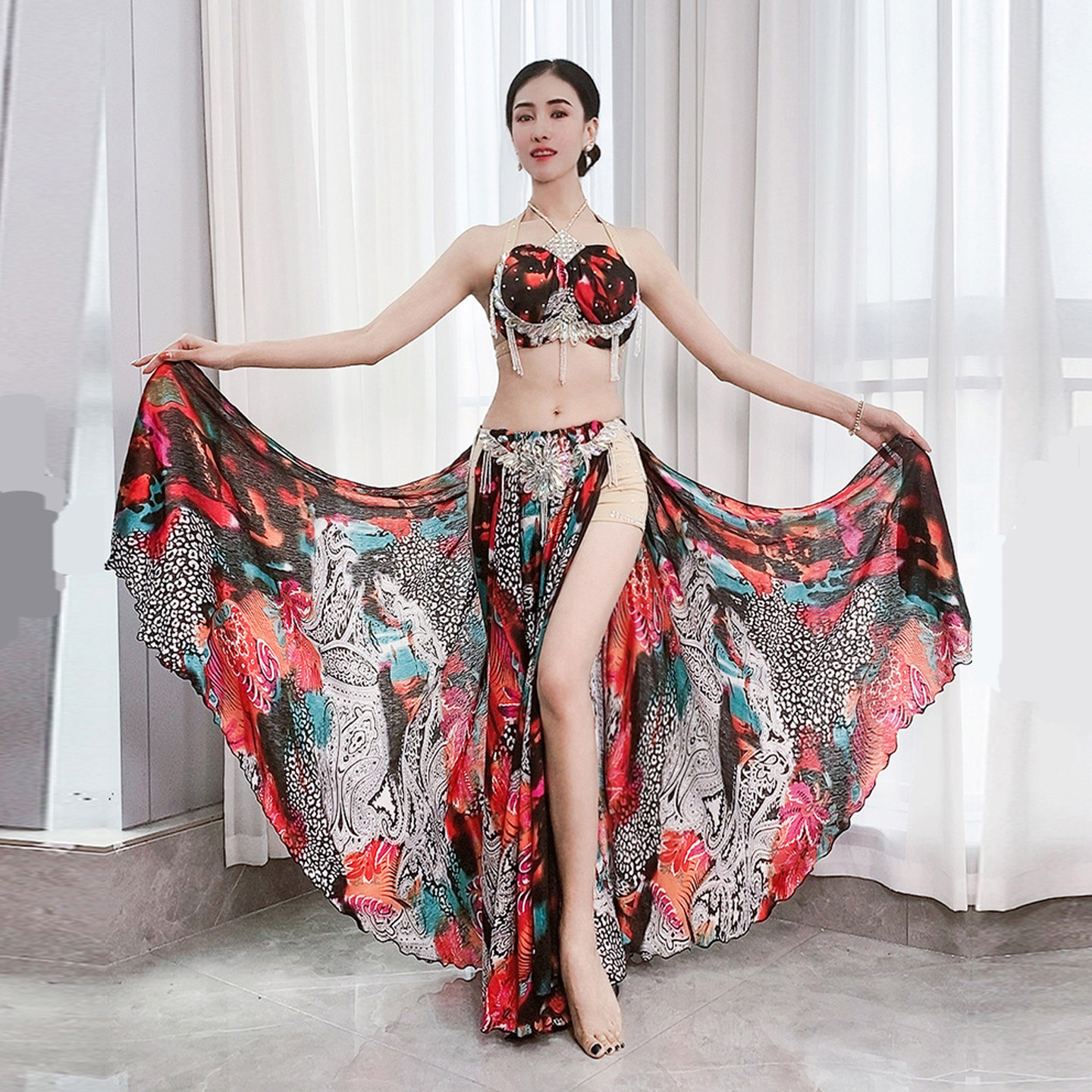 花色烫钻印花雪纺肚皮舞表演出服女文胸双开叉大摆裙套装东方舞服