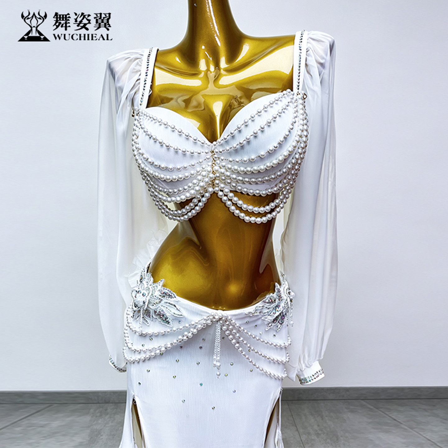 白色珍珠链立体珠绣花朵仿真丝拼蕾丝肚皮舞表演出服文胸长裙套装