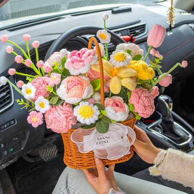 手工针织编织毛线花束仿真郁金香玫瑰花篮成品生日礼物送女友闺蜜