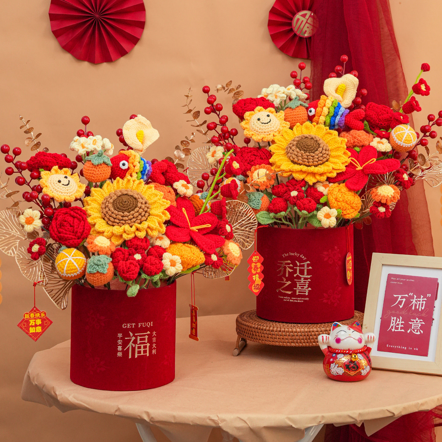 针织向日葵毛线花束福桶客厅装饰