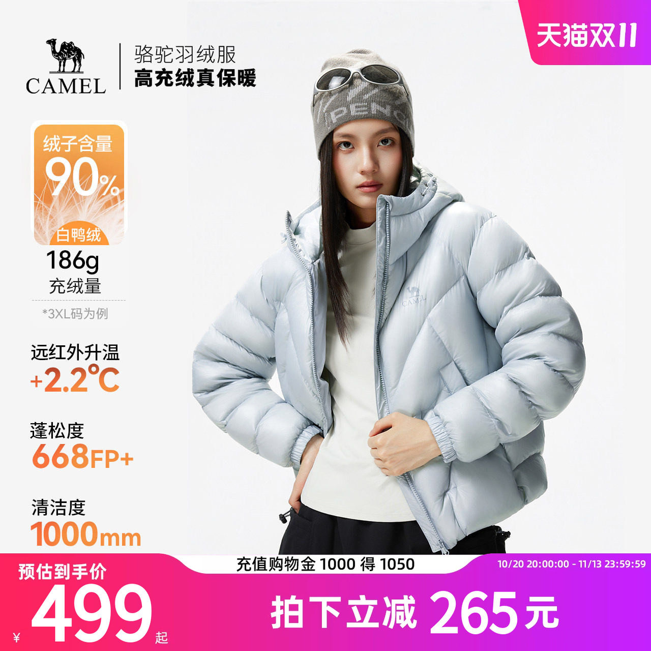 骆驼90白鸭绒羽绒服加厚保暖户外防风连帽女休闲面包服外套潮 骆驼服羽实拍商品图