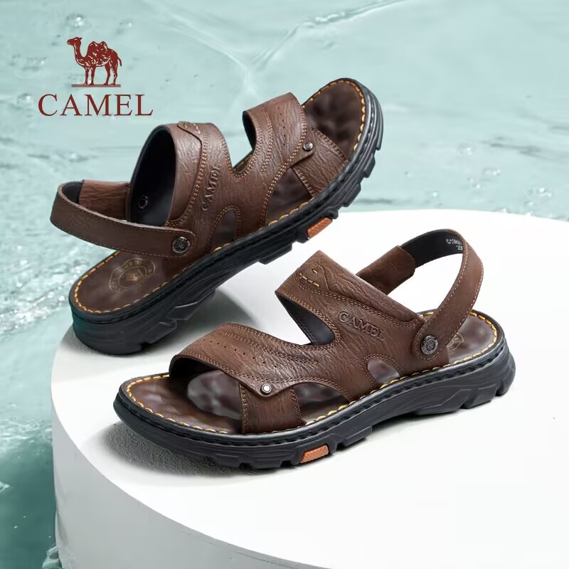 骆驼男鞋头层牛皮凉鞋男2024年新款夏外穿凉拖磨砂真皮商务沙滩鞋