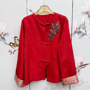 2026春新中式人丝钉珠奢华亮片圆领红外套国风气质盘扣牡丹花上衣