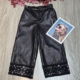 松紧腰宽松九分长裤 2025秋冬休闲简约帅气PU皮裤 蕾丝边黑色直筒裤