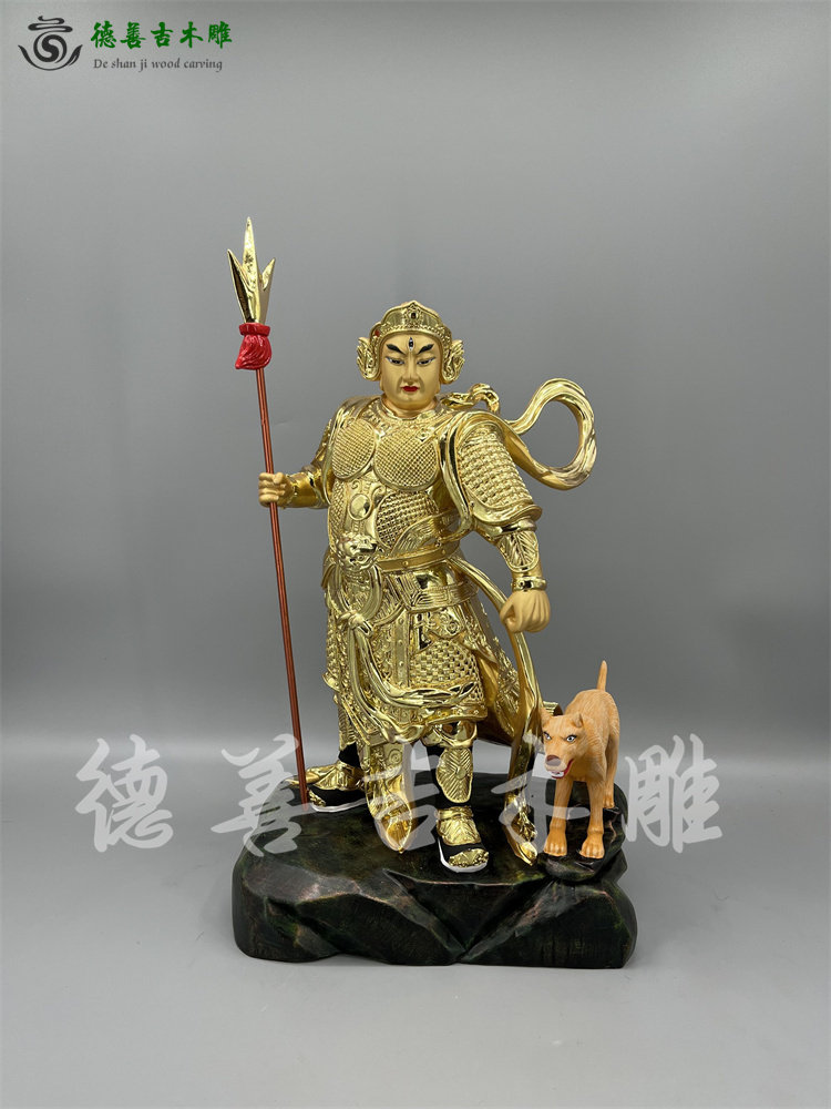 木雕二郎神杨戬人物神像香樟木漆线雕德善吉古典方形底座供奉摆件