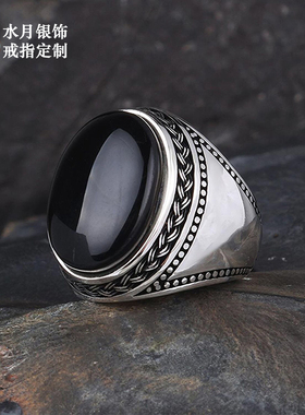 戒指定制S925纯银中东阿拉伯印章戒指绿玛瑙简约大气Ottoman Ring