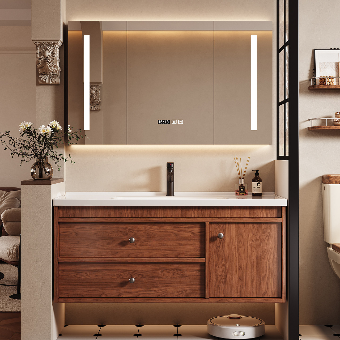 2026中古风胡桃木浴室柜陶瓷一体盆卫生间洗漱台洗手洗脸盆柜组合,家装主材,浴室柜组合,淘宝优惠券,粉丝福利购,淘宝优惠卷