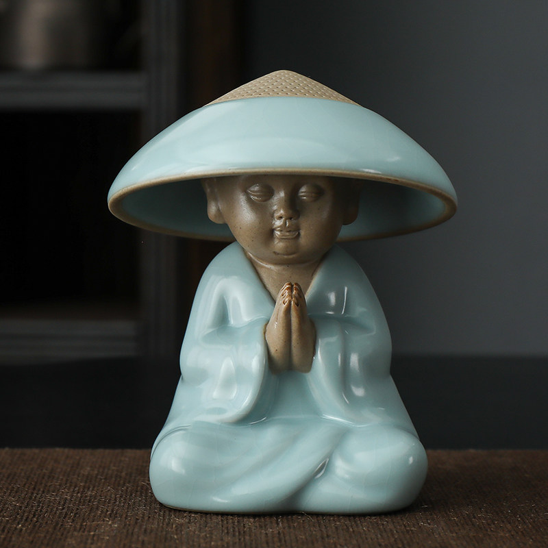 创意汝窑茶宠小和尚过滤摆件茶滤茶叶网茶具滤茶器全瓷过滤