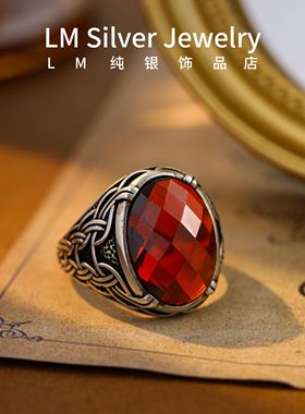 2024新款S925纯银红锆石男士活口可调节戒指潮男民族风做旧纯银戒