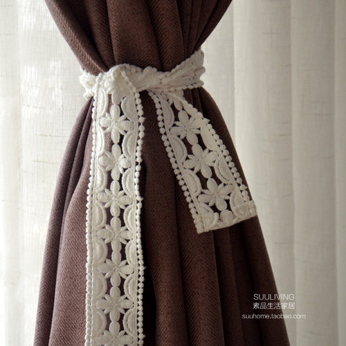 米白色法式风蕾丝花边窗帘子绑带