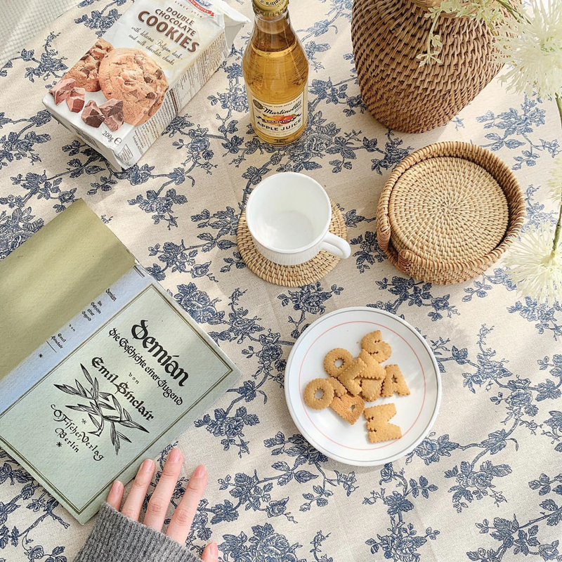 法式乡村蓝玫瑰花棉麻餐桌布台布