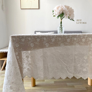 欧式 ins白色纯棉清新立体花刺绣蕾丝高级台布餐桌布艺盖布料 法式