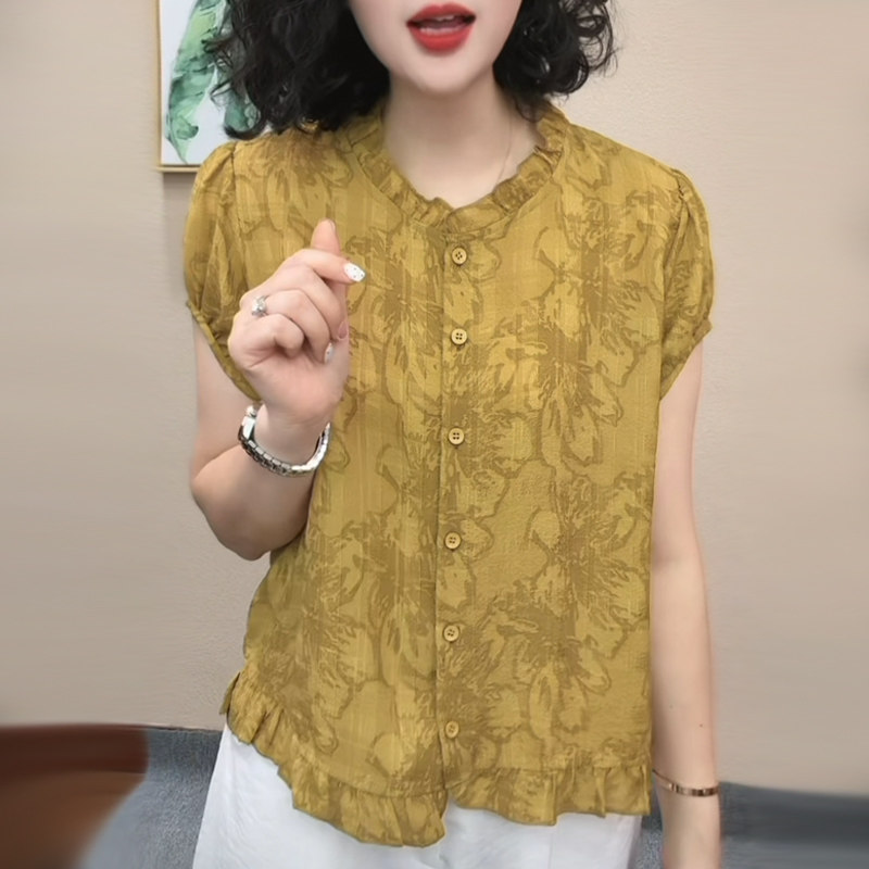 夏季妈妈装木耳边短袖麻衬衫显瘦
